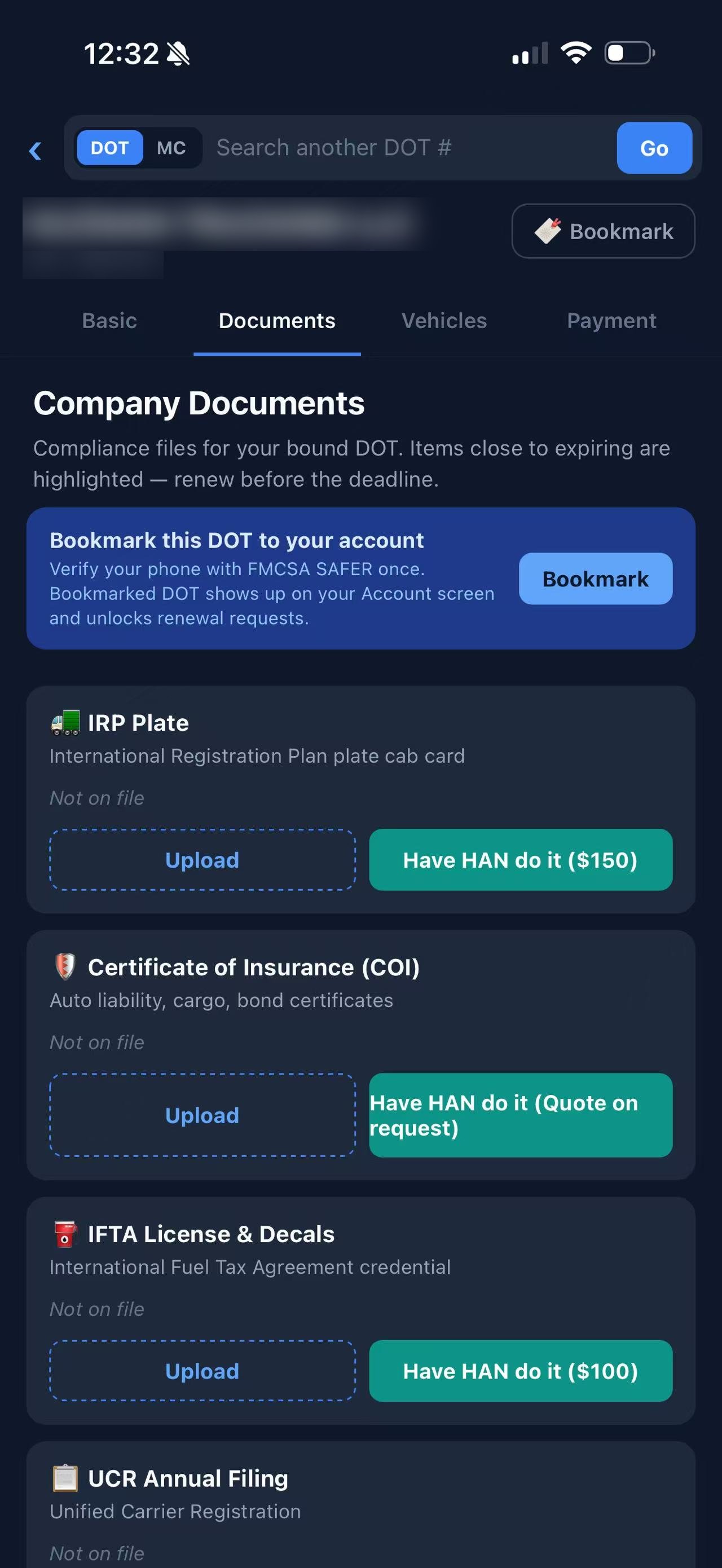 FleetScan documents screen — IRP Plate, COI, IFTA tracked per carrier with one-tap 'Have HAN do it' upsell